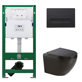 Комплект AVS 3в1: Инсталляция для унитаза 809-0006-7732C + Клавиша смыва 809-0011-MB черный мат. + унитаз подвесной 801-0041-P-R-MB