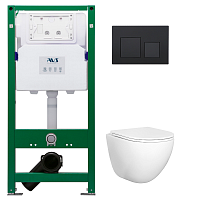 Комплект AVS 3в1: Инсталляция для унитаза 809-0006-7732C + Унитаз подвесной 801-0045-P-T2-GW + Клавиша смыва 809-0013-MB черная, квадратные кнопки