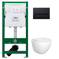 Комплект AVS 3в1: Инсталляция для унитаза 809-0006-7732C + Унитаз подвесной 801-0045-P-T2-GW + Клавиша смыва 809-0011-MB черная, прямоугольные кнопки